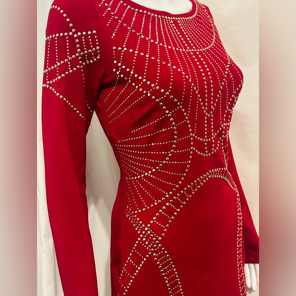Bebe Red Embellished Dress Gold Studs Holiday Party Witchy Whimsigoth Steampunk - Picture 2 of 8